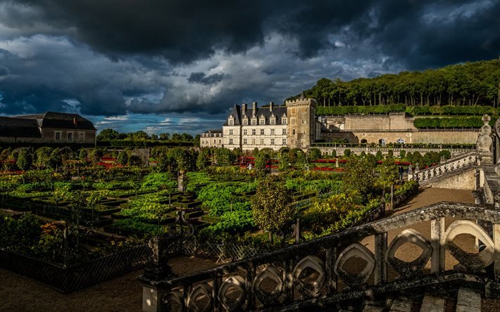 Villandry Castle, HDR, clouds, Loire Valley, Renaissance, french landmarks, France, Europe