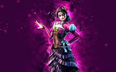 Rosa, 4k, luces de ne&#243;n violeta, 2020 juegos, Fortnite Battle Royale, personajes de Fortnite, Rosa Skin, Fortnite, Rosa Fortnite