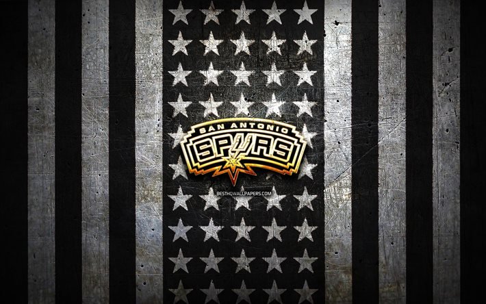 San Antonio Spurs -lippu, NBA, mustavalkoinen metallitausta, amerikkalainen koripalloseura, San Antonio Spurs -logo, USA, koripallo, kultainen logo, San Antonio Spurs