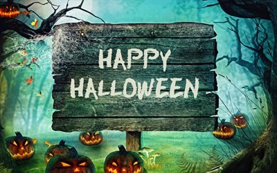 Happy Halloween, 4k, wooden board, forest, pumpkin, halloween concepts