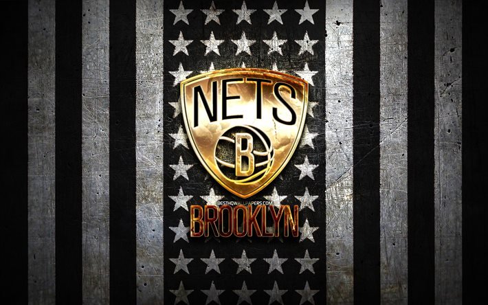 Brooklyn Nets bayrağı, NBA, siyah beyaz metal arka plan, amerikan basketbol kul&#252;b&#252;, Brooklyn Nets logosu, ABD, basketbol, altın logo, Brooklyn Nets