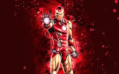 Iron Man, 4k, punaiset neonvalot, 2020-pelit, Fortnite Battle Royale, Fortnite-hahmot, Iron Man Skin, Fortnite, Iron Man Fortnite