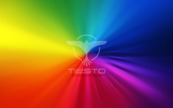 DJ Tiesto -logo, 4k, py&#246;rre, hollantilaiset DJ: t, sateenkaaritaustat, luova, musiikkit&#228;hdet, kuvitus, Tijs Michiel Verwest, supert&#228;hdet, DJ Tiesto