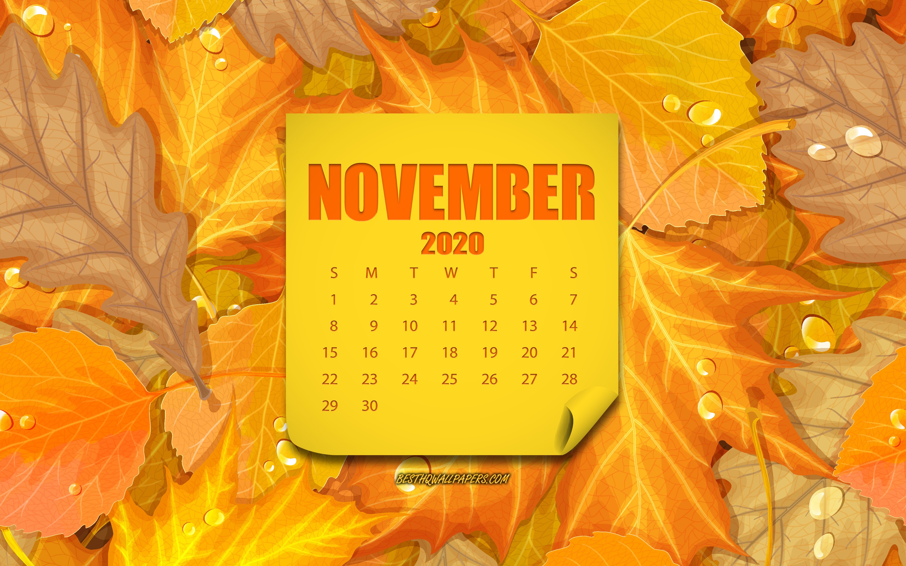 Download wallpapers November 2020 Calendar, Yellow Leaves Background