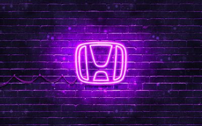 Honda violet logo, 4k, violet brickwall, Honda logo, cars brands, Honda neon logo, Honda