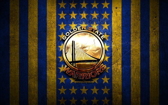 Golden State Warriors, NBA, yellow blue metal background, american basketball club, Golden State Warriors Bulls logo, USA, basketball, golden logo