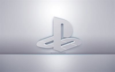 PS 3d beyaz logo, gri arka plan, PS logosu, yaratıcı 3d sanat, PlayStation, 3d amblem