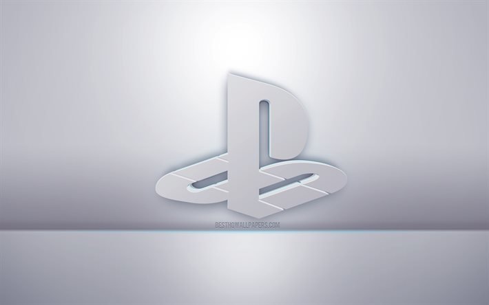 PS logo blanc 3d, fond gris, logo PS, art 3d cr&#233;atif, PlayStation, embl&#232;me 3d