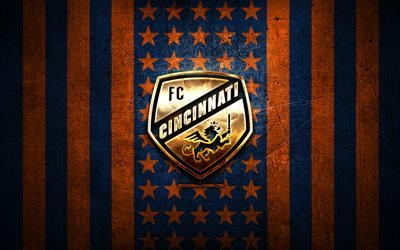 FC Cincinnati flag, MLS, orange blue metal background, american soccer club, FC Cincinnati logo, USA, soccer, FC Cincinnati, golden logo