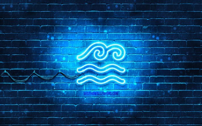 水の波ネオンアイコン, 4k, 青い背景, ネオン記号, 水の波, creative クリエイティブ, ネオンアイコン, 水の波のサイン, 生態標識, 水の波のアイコン, 生態アイコン
