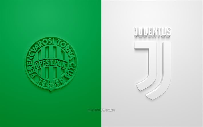 Ferencvaros vs Juventus FC, UEFA Champions League, Group G, 3D logos, white-green background, Champions League, football match, Juventus FC, Ferencvaros