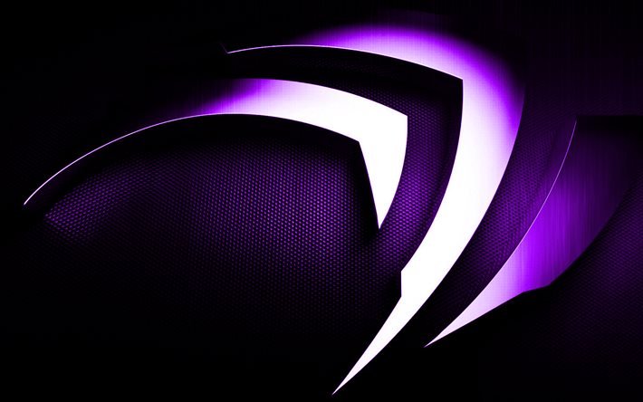 lila nvidia logo, 3d-kunst, lila metall nvidia logo, nvidia 3d emblem, kreative kunst, lila nvidia hintergrund