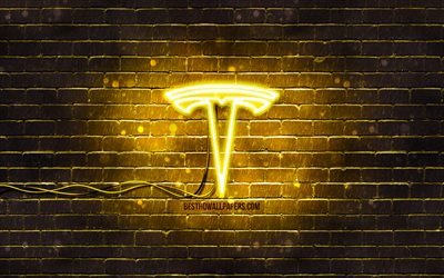 Tesla yellow logo, 4k, yellow brickwall, Tesla logo, cars brands, Tesla neon logo, Tesla