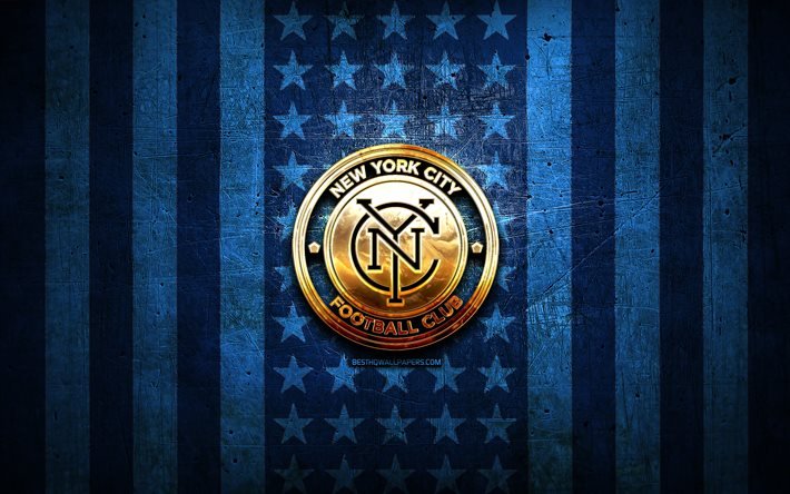 ニューヨークシティFCの旗, MLS 番号, 青い金属の背景, アメリカのサッカークラブ, ニューヨークシティFCのロゴ, アメリカ, サッカー, ニューヨーク, 黄金のロゴ