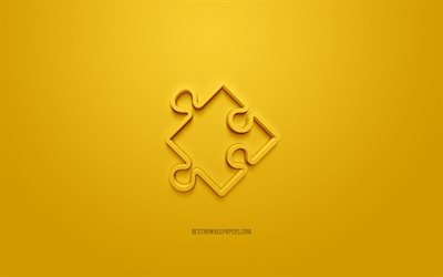 puzzle-3d-symbol, gelber hintergrund, 3d-symbole, puzzle, kreative 3d-kunst, puzzle-zeichen, business-3d-symbole