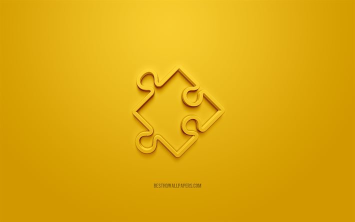 Puzzle 3d icon, yellow background, 3d symbols, Puzzle, creative 3d art, 3d icons, Puzzle sign, Business 3d icons