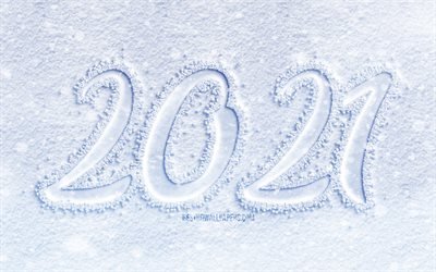 4k, Happy New Year 2021, white snow background, 2021 snow digits, 2021 concepts, 2021 on snow background, 2021 year digits, 2021 white digits, 2021 New Year