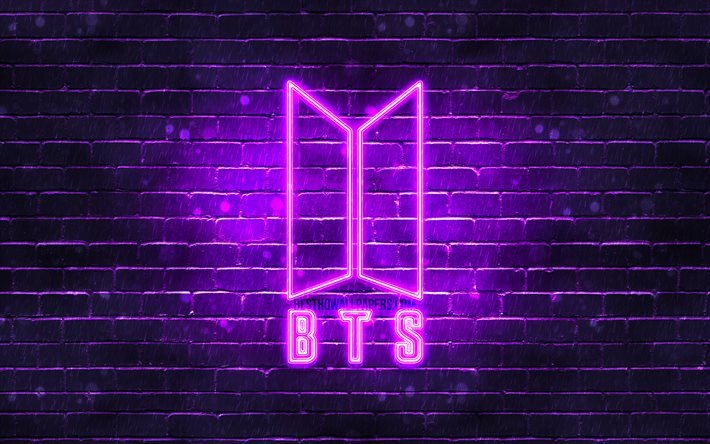 Logo violet BTS, 4k, Bangtan Boys, brickwall violet, logo BTS, bande cor&#233;enne, logo n&#233;on BTS, BTS