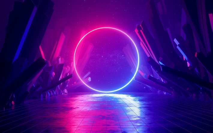 violet neon circle, 4k, 3D art, creative, neon rings, 3D landscape, artwork