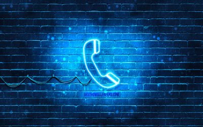 Telefon neon simgesi, 4k, mavi arka plan, neon semboller, Telefon, yaratıcı, neon simgeler, Telefon işareti, iletişim işaretleri, Telefon simgesi, iletişim simgeleri