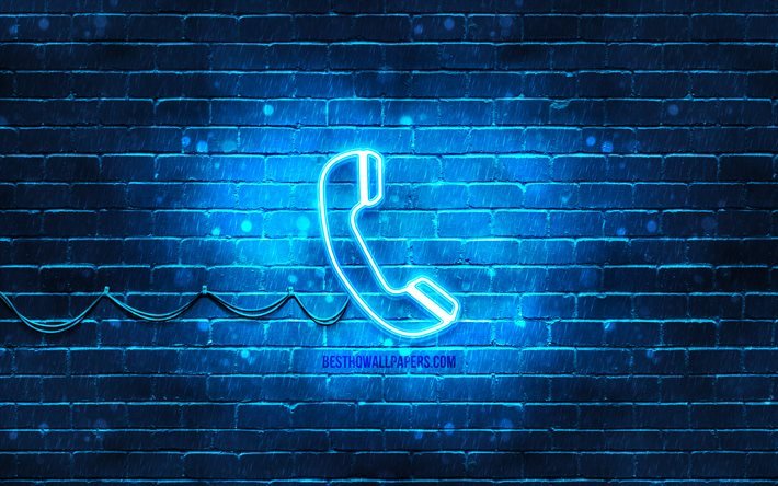 Icona al neon del telefono, 4k, sfondo blu, simboli al neon, telefono, creativo, icone al neon, segno del telefono, segni di comunicazione, icona del telefono, icone di comunicazione