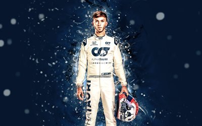 Pierre Gasly, 2020, 4k, Scuderia AlphaTauri Honda, ranskalaiset kilpa-ajurit, Formula 1, siniset neonvalot, F1 2020, AlphaTauri