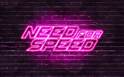 Need for Speed logo violet, 4k, brickwall violet, NFS, jeux 2020, logo Need for Speed, logo n&#233;on NFS, Need for Speed