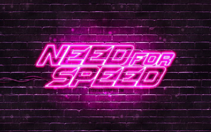 Need for Speed lila logotyp, 4k, lila brickwall, NFS, 2020-spel, Need for Speed-logotyp, NFS neonlogotyp, Need for Speed