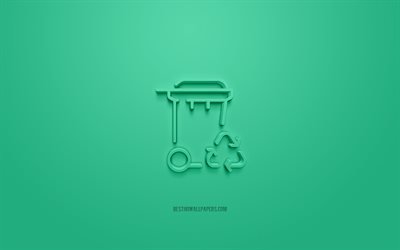 garbage recycling 3d icon, green background, 3d symbols, garbage recycling, creative 3d art, Recycling 3d icons, Recycling sign, Eco 3d icons