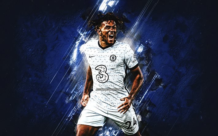 Reece James, english football player, Chelsea FC, defender, portrait, blue stone background