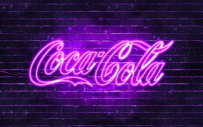Coca-Cola violet logo, 4k, violet brickwall, Coca-Cola logo, brands, Coca-Cola neon logo, Coca-Cola