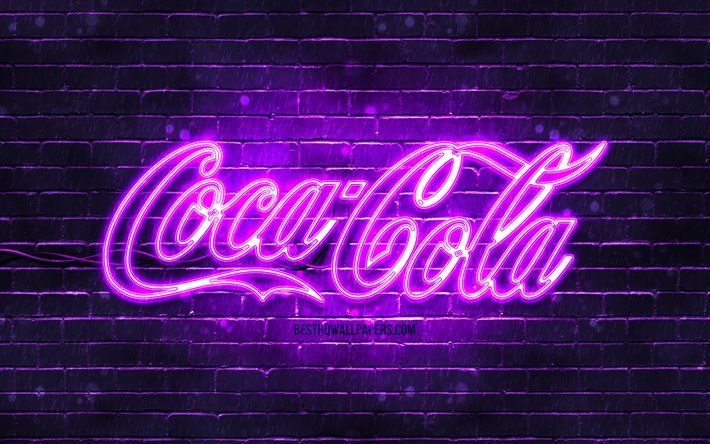 coca-cola violettes logo, 4k, violette ziegelwand, coca-cola logo, marken, coca-cola neon logo, coca-cola