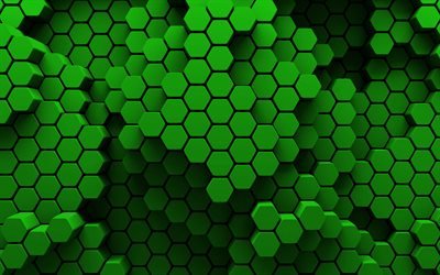 hexagones verts, 4k, art 3D, cr&#233;atif, nid d’abeille, motifs hexagones, fond hexagones verts, textures hexagonales, arri&#232;re-plans verts, texture hexagones