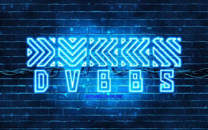 DVBBS blue logo, 4k, Chris Chronicles, Alex Andre, blue brickwall, DVBBS logo, canadian celebrity, DVBBS neon logo, DVBBS