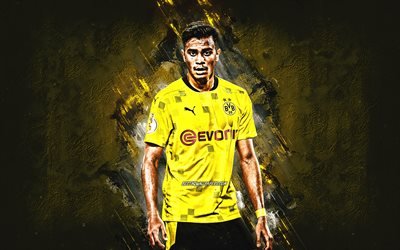 Reinier, Borussia Dortmund, brazilian footballer attacking midfielder portrait yellow stone background, Bundesliga, football, Reinier Jesus Carvalho