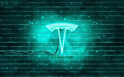 Tesla turquoise logo, 4k, turquoise brickwall, Tesla logo, cars brands, Tesla neon logo, Tesla