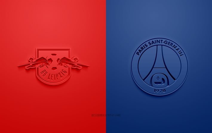 RB Lipsia vs PSG, UEFA Champions League, Gruppo, loghi 3D, sfondo rosso blu, Champions League, partita di calcio, RB Lipsia, PSG