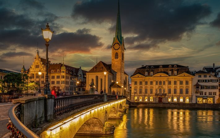 Limmat river, 4k, bridge, nightscapes, swiss cities, Zurich, Switzerland, Europe