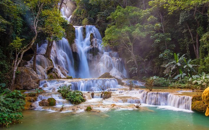 Kuang Sin putoukset, Laosin saaren vesiputoukset, kaunis vesiputous, viidakko, Kuang Xi Falls, Luang Prabang, Laos