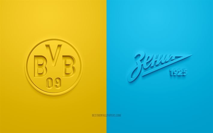 Borussia Dortmund x FC Zenit, UEFA Champions League, Grupo F, logotipos 3D, fundo azul amarelo, Liga dos Campe&#245;es, partida de futebol, Borussia Dortmund, FC Zenit