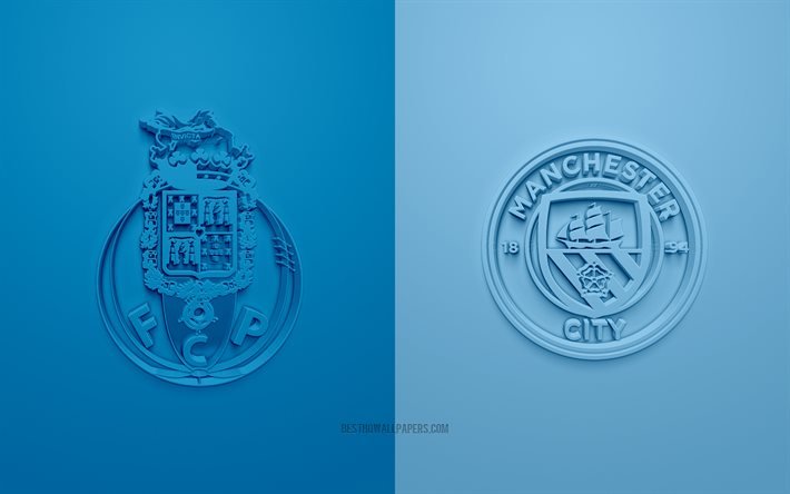 FCポルト - マンチェスター・シティFC, UEFAチャンピオンズリーグ, グループ・ス・ス, 3Dロゴ, 青い背景, チャンピオンズリーグ, サッカーの試合, FCポルト, マンチェスターシティFC
