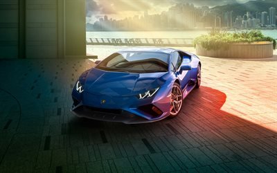 4k, Lamborghini Huracan, garage, hypercars, 2020 cars, supercars, Blue Lamborghini Huracan, italian cars, Lamborghini