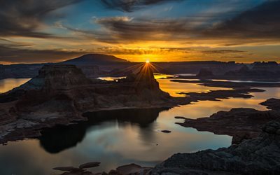 River, Canyon, USA, Arizona, cliffs, mountains, sunset