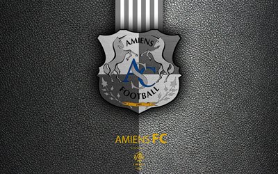Amiens FC, 4k, French football club, Ligue 1, leather texture, logo, emblem, Amiens, France, football