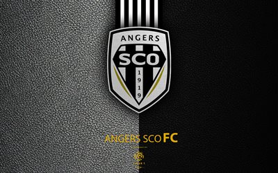Angers SCO, 4K, French football club, Ligue 1, leather texture, logo, emblem, Angers, France, football, Angers FC