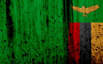 Zambian flag, 4k, grunge, flag of Zambia, Africa, Zambia, national symbols, Zambia national flag