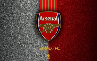 Arsenal, FC, 4K, English football club, leather texture, Premier League, logo, emblem, London, England, UK, football