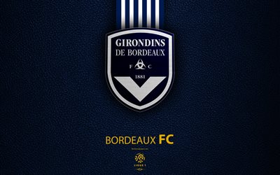FC Girondins Bordeaux, 4K, French football club, Ligue 1, leather texture, Bordeaux logo, emblem, Bordeaux, France, football