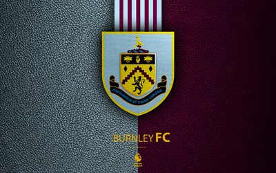Burnley FC, 4k, English football club, leather texture, Premier League, logo, emblem, Burnley, England, United Kingdom, football