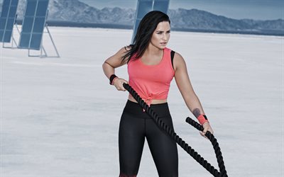 Demi Lovato, 4k, American singer, sports womens outfit, fitness, exercises with a rope, actress